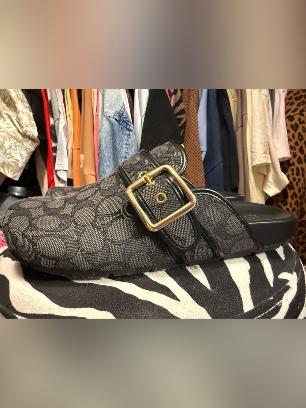 Coach Black and Gray Signature Canvas Shoulder Bag with Gold Buckle